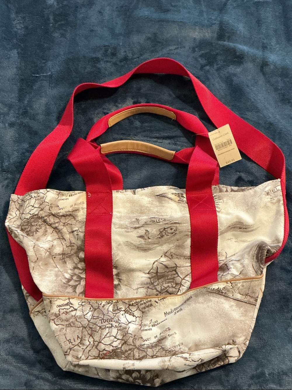 Coldwater Creek Map-Print Tote with Red Straps and Tan Trim